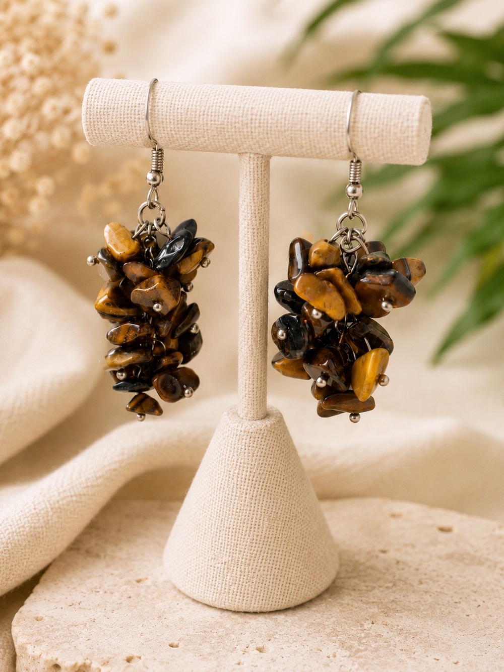 NWOT Tiger’s Eye Gemstone Chip Cluster Boho Dangle Earrings Silver Tone 2"